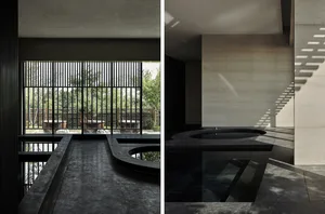 Modern bathroom interior with concrete flooring and minimalist design.