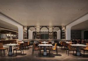 Modern restaurant with wooden flooring, leather chairs, metal tables, and glass shelves