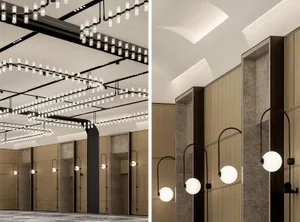 Modern minimalist corridor featuring wood paneling, concrete walls, and glass sconces.