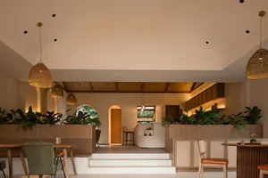Modern cafe interior featuring wooden furniture, concrete flooring, and lush green plants.