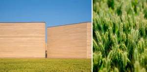 A modern building with a concrete exterior and a clear blue sky in the background.