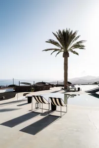 A modern poolside deck with concrete flooring, striped lounge chairs, and a palm tree with a panoramic coastal view.