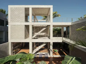 Concrete residential architecture with modern design features.