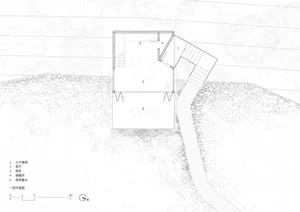Floor plan of a minimalist residential home with labeled rooms and exterior view of the house