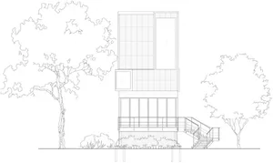 Linear black-and-white architectural drawing of a modern house featuring a glass façade, steel structure, and concrete base.