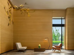 A modern minimalist lobby featuring wooden walls and furniture, with a sleek, minimalist design.