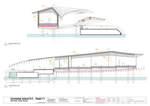 Detailed architectural drawing showing the long section of a hotel located on Ummahat Island in the Red Sea, Saudi Arabia.