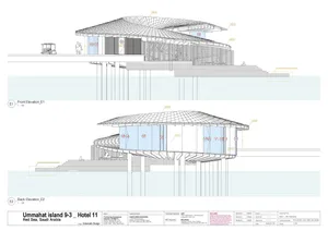 Elevations of a Ummahat Island Hotel structural design showing front and back views of the building's exterior.