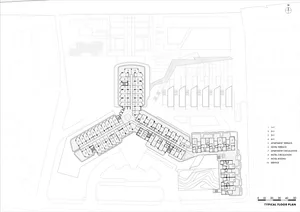 Floor plan of an apartment complex showing various apartment layouts and circulation paths.
