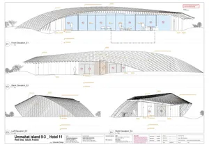 Hotel building with metal roof and glass walls and doors, showing front, back, left, and right elevations.