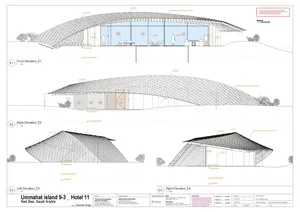 Three-dimensional architectural render of a hotel exterior with a metal roof and concrete flooring, showcasing the structure'