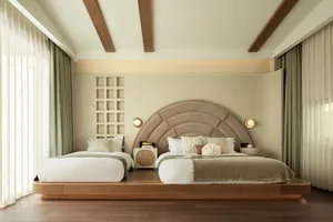 A modern bedroom featuring comfortable beds with soft lighting, a large window, and a rug with a wooden floor.