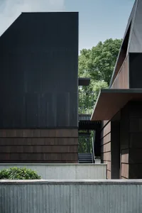Modern residential exterior featuring black metal, dark wood, and concrete materials