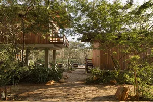 A modern house with a wood and concrete exterior featuring a sunlit cobblestone pathway and a ground-level entry.