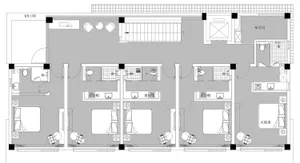A detailed architectural drawing of a hotel suite floor plan showing rooms, bathrooms, and amenities.