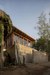 Modern residential house with concrete walls, stone foundation, and thatched roof.