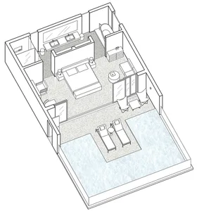 Modern bedroom featuring a terrazzo floor and a swimming pool.