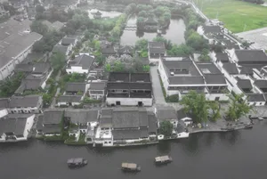 Ancient Chinese town with traditional buildings and riverfront houses