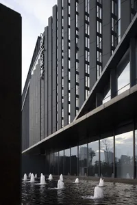 A modern building with a metal exterior.