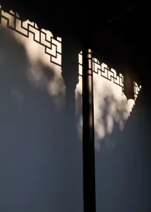 Metal wall features intricate shadow design