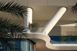 Modern architectural design featuring glass and concrete materials