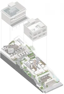 A 3D architectural floor plan depicting a modern residential building.