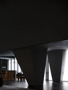 Modern lobby featuring metallic and glass design elements.