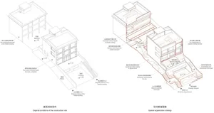 Architectural diagram of a modern residential building, featuring a mix of wood and stone materials.