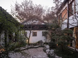 A stone pathway surrounded by greenery leads to a traditional residential building with a patterned window.