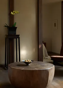 A modern, minimalist living room with a wooden table featuring a bowl of nuts and a plant on a stand.