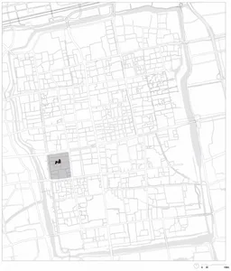 都市規劃圖顯示城市街道與建築的黑白圖像。