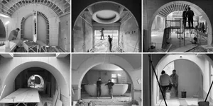 Collage of black and white images showing the construction process of an architectural interior design featuring curved walls