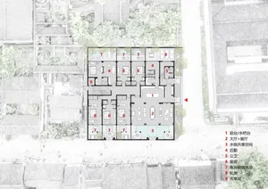 A black and white floor plan of a hotel drawn on paper, featuring various labeled rooms and spaces such as reception, lobby, 