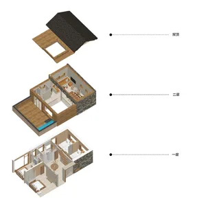 A modern residential plan featuring wood, stone, and concrete materials.