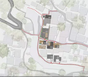 Urban development plan showing the layout of a city area with roads, buildings, and green spaces.
