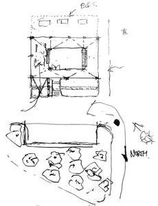 A detailed 2D architectural drawing showing the layout of an interior space, including dimensions and structural elements.