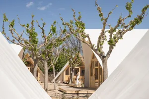 A minimalist residential space featuring white fabric structures and green foliage.