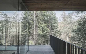 Modern outdoor space featuring glass walls and wooden decking surrounded by a forest.