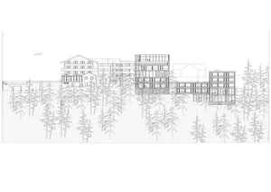 Schematic drawing of modern commercial buildings with glass and concrete exteriors.