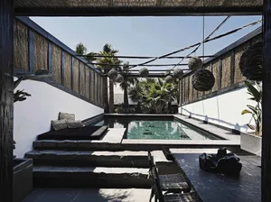 A modern minimalist outdoor space featuring a swimming pool on a concrete deck surrounded by palm trees and decorative lighti