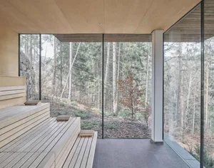 Modern wooden sauna with glass walls overlooking a forested area.