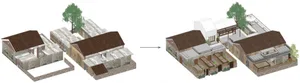3D rendering of a renovated architectural space showcasing brick, terracotta, and wooden materials.