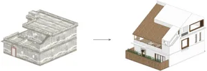 Isometric drawing of a modern house with a concrete roof and exterior design features.