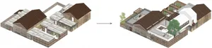 A before and after image showcasing an exterior building renovation featuring brick, windows, and wood elements.