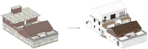 住宅翻修展示現代建築元素，結合木質、磚塊與金屬材質。