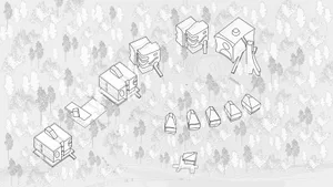 Isometric architectural drawing of housing units surrounded by trees, featuring concrete and glass materials.