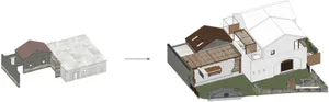 Modern exterior design featuring concrete and wooden elements.