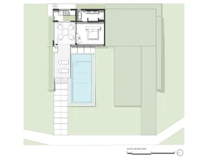Floor plan of a modern residential home featuring a ground floor layout with living space, bedrooms, bathrooms, and an outdoo