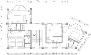 Floor plan of a modern-style residential cottage interior showing rooms and layout.