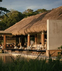 Thatched roof residential building with wooden columns and a thatched roof.
